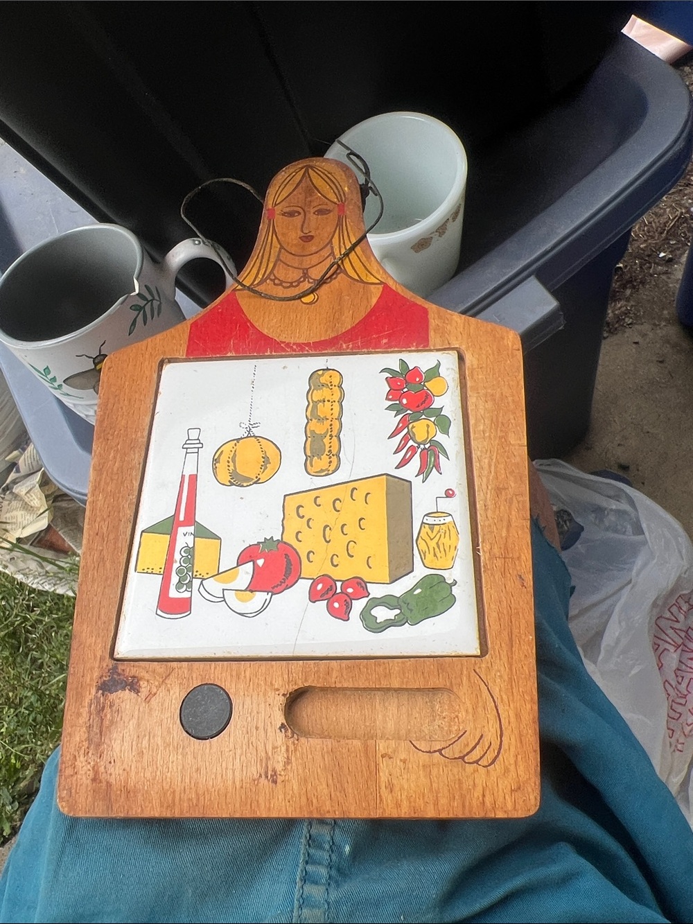 Vintage Wooden Cutting Board with Illustrated Tile